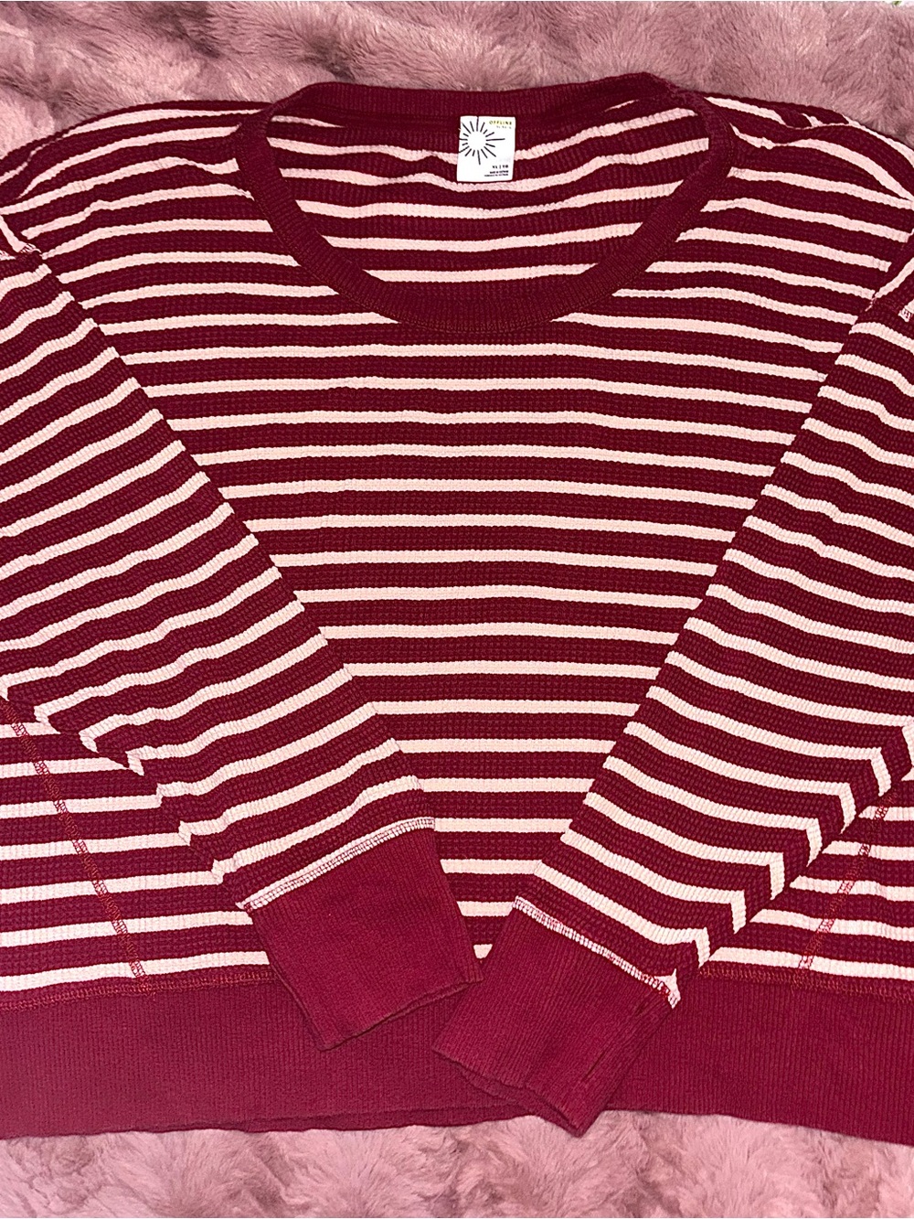 Aerie Waffle Crewneck Shirt in Striped Cherry Tart